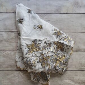 Vintage White Floral Scarf with Gold and Gray Leaf Print